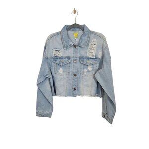 Daisy Distressed Cropped‎ Jean Jacket in Medium Denim Wash - Size Large